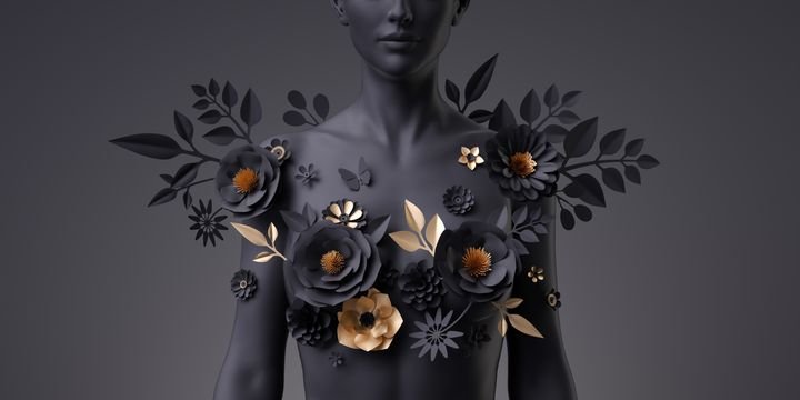 3d render, dramatic floral female bust, black mannequin decorated with golden paper flowers, woman silhouette isolated on black background. Breast cancer support. Modern botanical sculpture