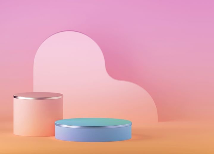 3d render, abstract colorful peachy pink background with empty podium and curvy geometric shape. Modern minimal showcase for product presentation