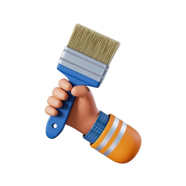 3d render, cartoon caucasian human hand holds paint brush. Professional painter with equipment. Construction icon. Renovation service clip art isolated on white background