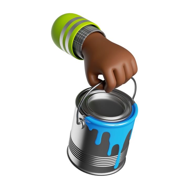 3d render, cartoon african dark skin human hand holds paint bucket. Professional painter with equipment. Construction icon. Renovation service clip art isolated on white background