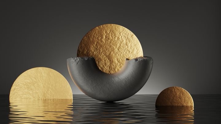 3d render, abstract black background with gold round disks, broken stone torus, water reflection. Modern wallpaper with showcase scene for product presentation