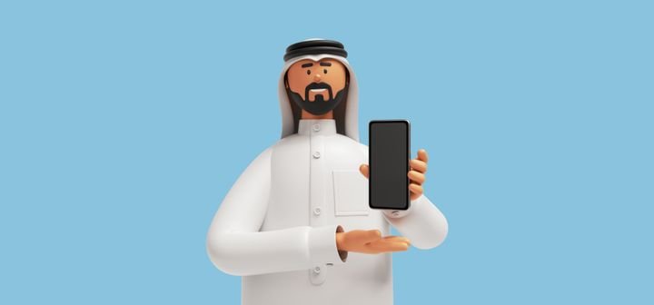 3d rendering, cartoon character arab man wears traditional clothes and holds smart phone. Business clip art isolated on light blue background