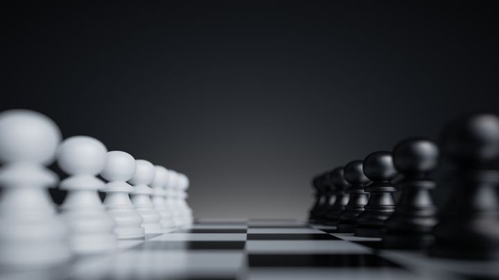 3d render, the initial position of a chess game, white and black pawns stand on a chessboard on a black background. Opposition concept