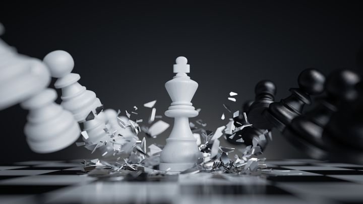 3d rendering, aggressive chess game white king attacks and crushes other pieces. Damage metaphor, stressful situation, fight concept