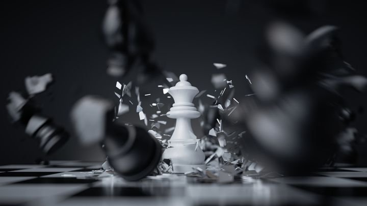 3d rendering, aggressive chess game white queen attacks and destroys other pieces. Damage metaphor, stressful situation, fight concept