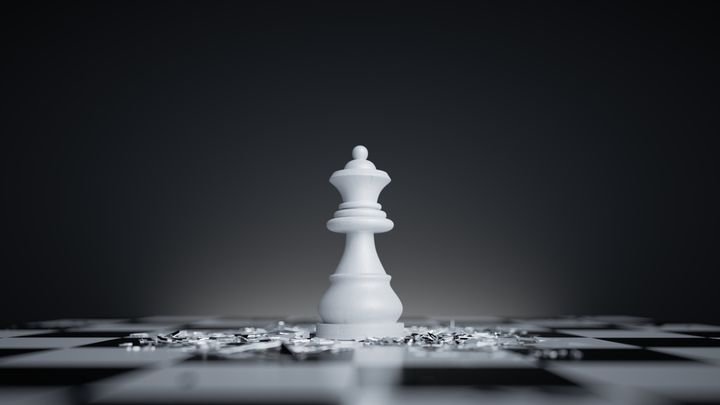 3d render, chess game white queen stands alone in the middle of chessboard. Winner metaphor, loneliness concept