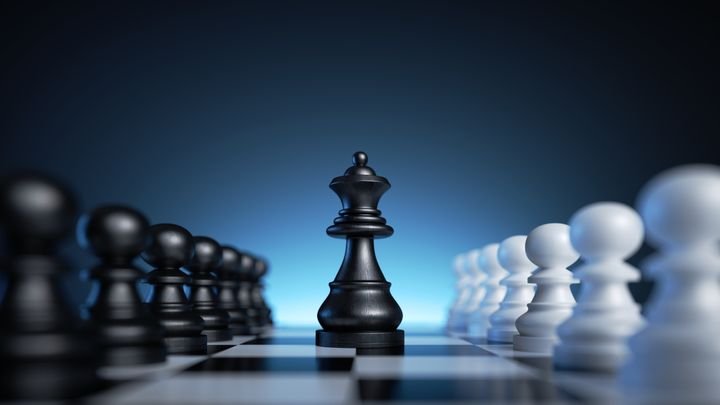 3d rendering, chess game black and white pieces over the blue background. Black queen stands in the middle of the chessboard between two rows of pawns. Politics concept, feminist leadership metaphor