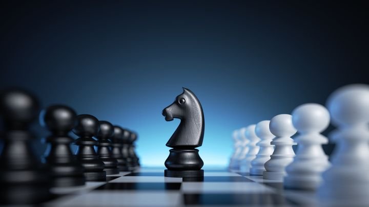 3d rendering, chess game knight piece stands in the middle of the chessboard between two rows of pawns. Black horse over the blue background