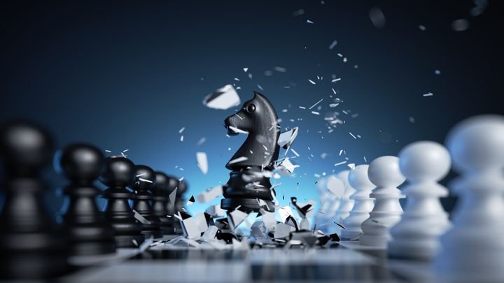 3d illustration, chess game aggressive move, black horse breakthrough, knight chess piece attacks. Business planning strategic concept
