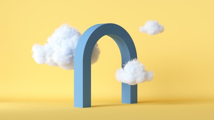 3d render, white fluffy clouds fly under the blue rounded arch, isolated on yellow background. Modern minimal scene. Abstract metaphor