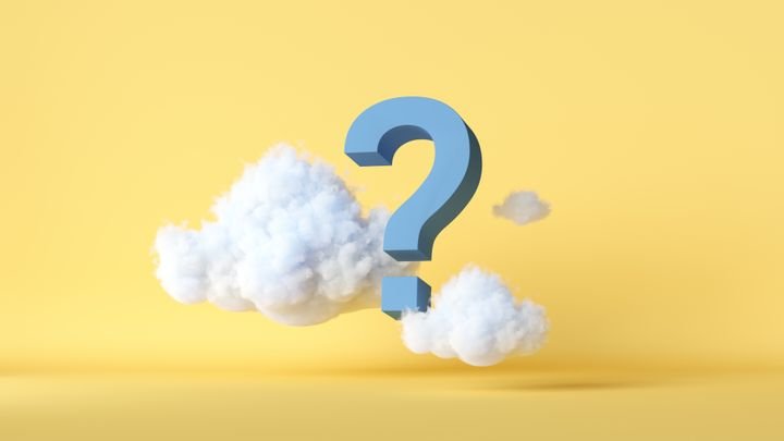 3d render, abstract yellow background with white clouds and blue question mark. Problem concept. Modern minimal scene
