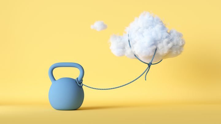 3d render, levitating cloud is leashed with heavy weight, isolated on yellow background. Modern minimal scene. Limited freedom metaphor