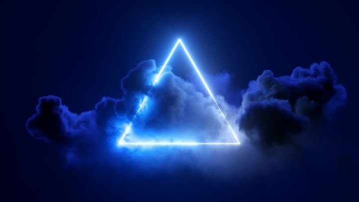 3d rendering, abstract futuristic background, neon triangle and stormy cloud on night sky. Triangular frame with copy space