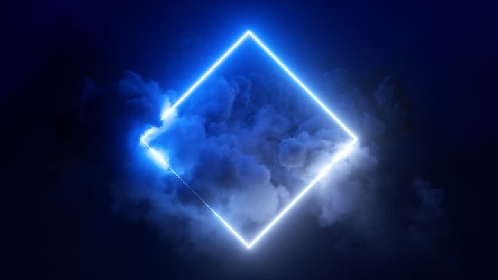 3d rendering, abstract futuristic background with neon geometric shape and stormy cloud on night sky. Rhombus frame with copy space
