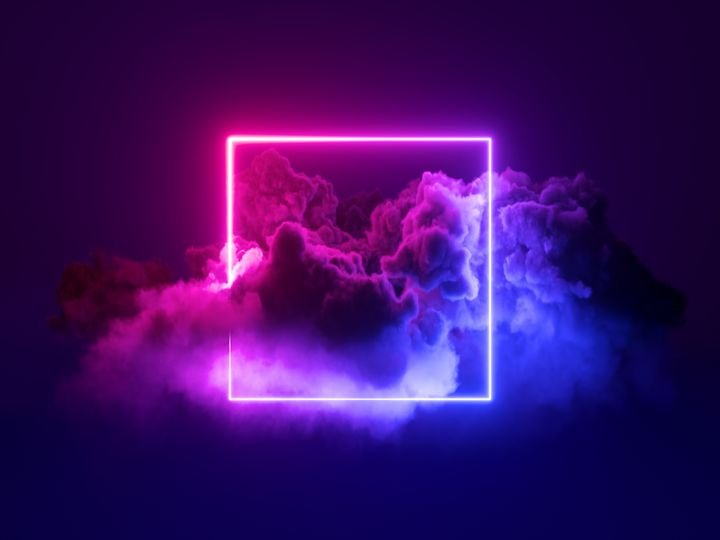 3d rendering, abstract geometrical background with square neon frame and stormy cloud glowing with pink blue light