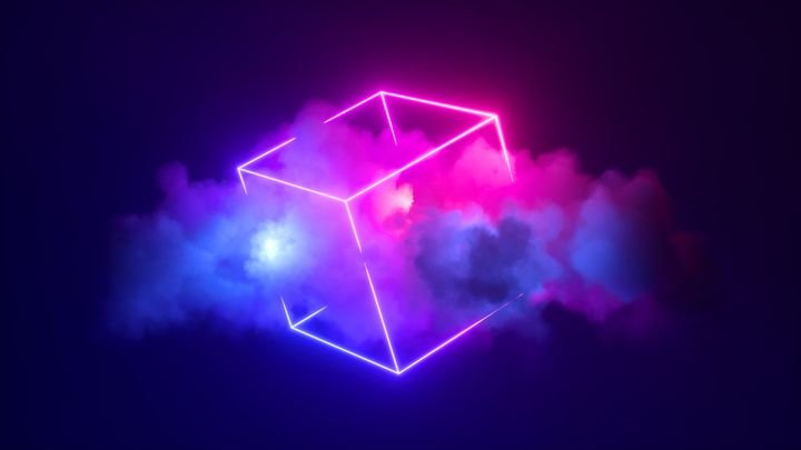 3d rendering, abstract pink blue neon background with glowing cloud and cube box geometric shape