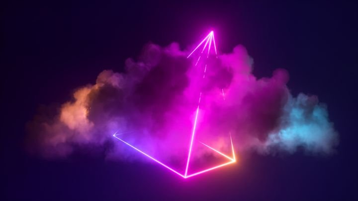 3d render, abstract pink neon background with stormy cloud and geometric pyramid shape