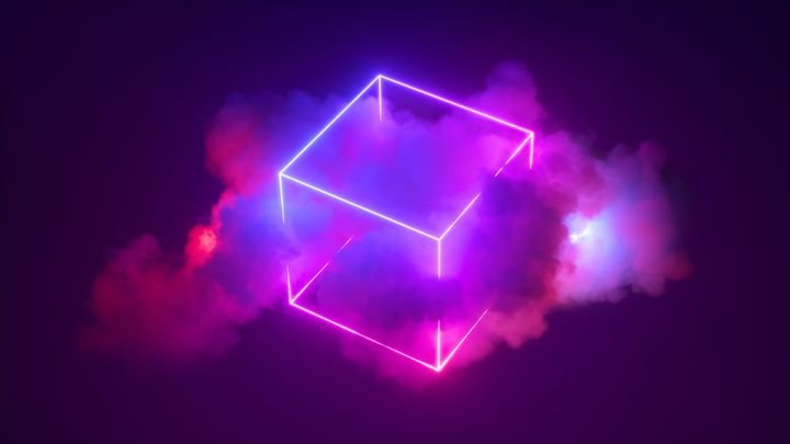 3d render, abstract ultraviolet background with glowing cloud and neon box sign