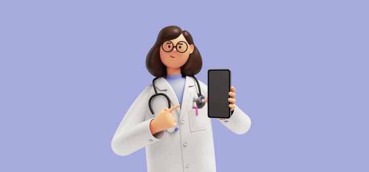 3d render. Cartoon character young woman doctor wears glasses and uniform. Medical clip art isolated on blue violet background. Holds smart phone with blank screen