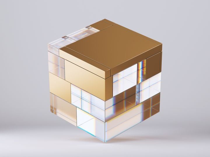 3d render, abstract gold cube split into glass and gold fragments, isolated on white background. Futuristic simple geometric object. Minimal design