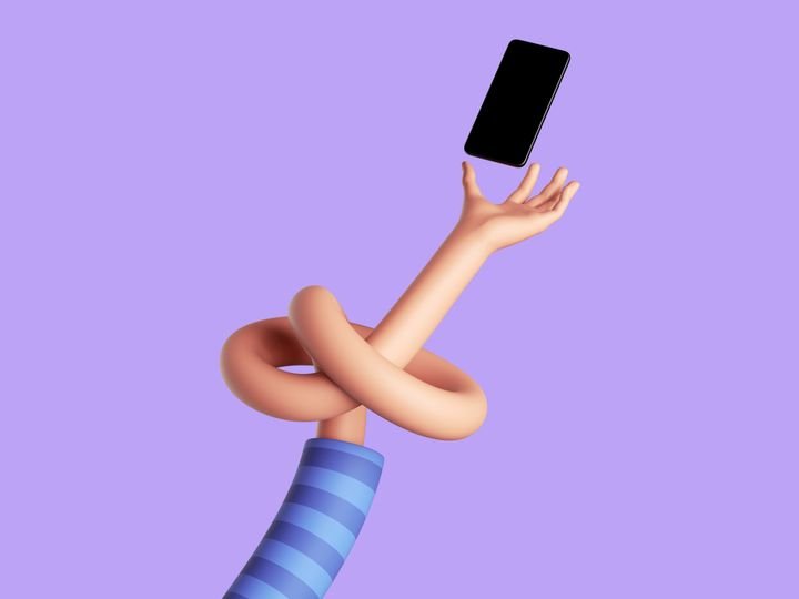 3d render, knotted cartoon character arm, human hand holds smart phone with blank screen. Social network concept. Funny clip art isolated on violet background