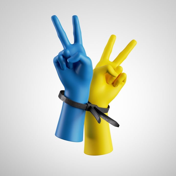 3d render, ukrainian blue yellow human hands tied with plastic zip ties, isolated on white background. Victory gesture. Fight for freedom and peace in Ukraine. Optimistic symbol