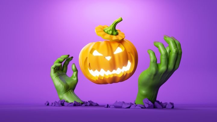 3d illustration, pumpkin jack lantern and scary green zombie hands show out of the ground, Halloween clip art isolated on purple background