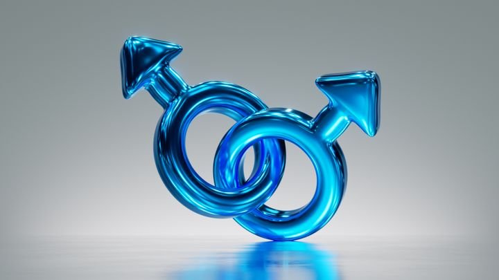 3d rendering. Two male gender symbols linked together, blue masculine sign, gay clip art isolated on silver background. Shiny glass icon