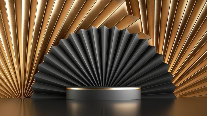 3d render, abstract art deco black and gold background with empty podium. Luxurious showcase for product presentation