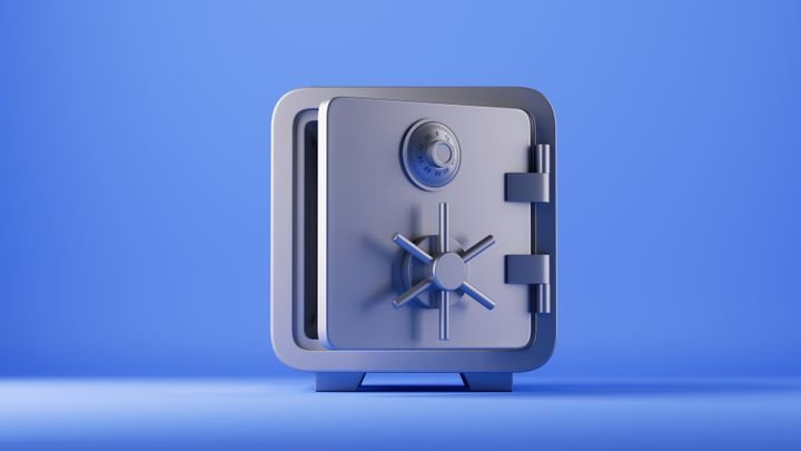 3d render, bank depositary safe box with opened door, isolated on blue background