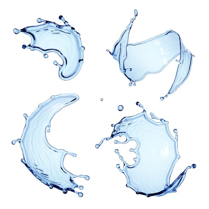 3d render, collection of water splash elements. Splashing blue liquid clip art isolated on white background
