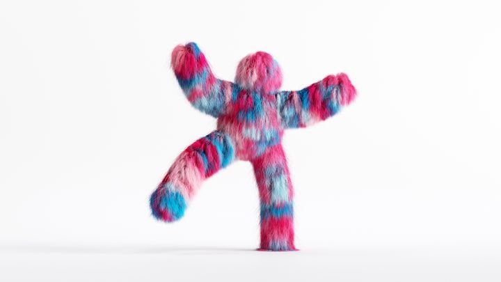 3d rendering, colorful furry beast cartoon character isolated on white background, happy active pose with hands up. Colorful pink blue hairy monster dancing. Person wears mascot costume