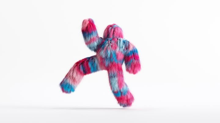 3d rendering, colorful hairy beast Yeti runs, furry monster cartoon character walking or dancing. Fluffy toy in active pose, isolated on white background.