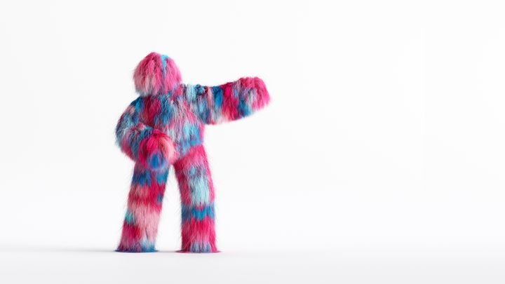 3d rendering, pink blue Yeti cartoon character, hairy halloween monster, furry beast. Unknown funny toy isolated on white background