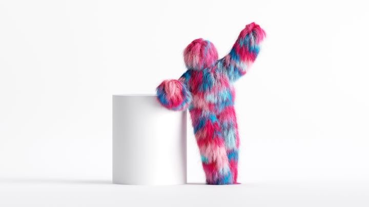 3d rendering, colorful Yeti cartoon character, funny pink blue hairy monster stands near the big blank box. Festive clip art isolated on white background