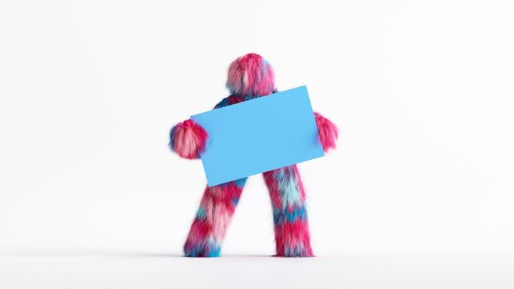 3d render, colorful Yeti hairy cartoon character, funny furry toy holds blank card mockup isolated on white background