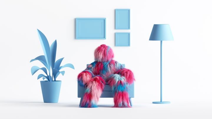 3d rendering, colorful cartoon character furry monster sits in comfortable armchair. Hairy beast inside the dollhouse living room interior