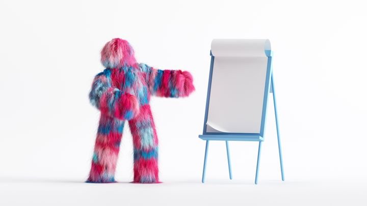 3d rendering, colorful cartoon character, hairy Yeti stands near the easel with blank board for presentation. Funny furry toy. Conference speaker concept. Clip art isolated on white background