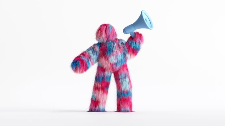 3d render, funny colorful Yeti cartoon character, speaks using megaphone. Important announcement, news concept. Funny toy, hairy monster clip art isolated on white background