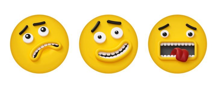 3d render, set of round yellow face icons with different emotions and facial expressions, isolated on white background. Fear confusion shock