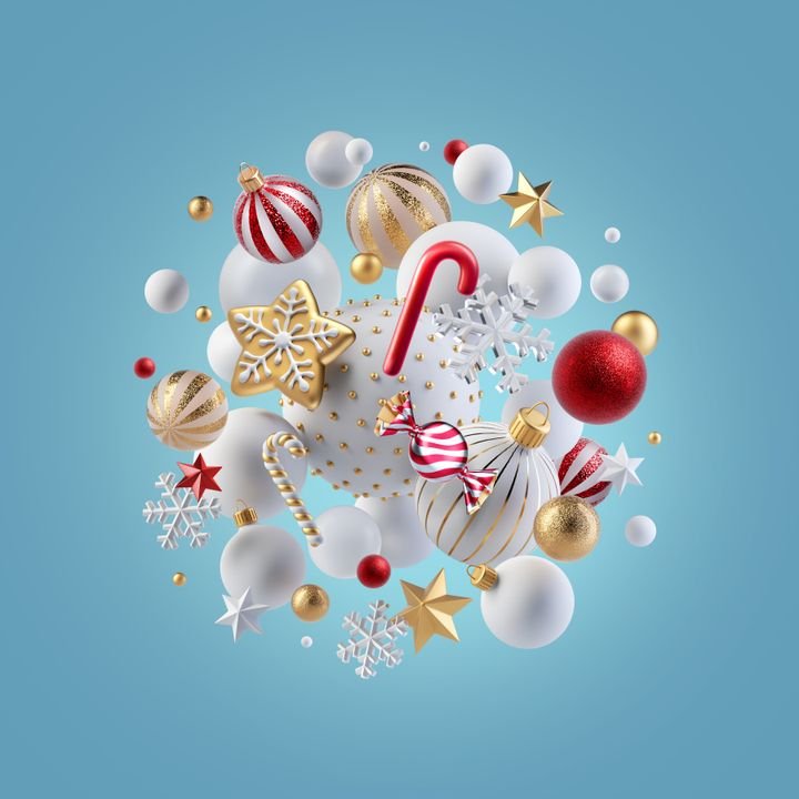 3d rendering, red white gold Christmas ornaments: glass balls, stars and candies, isolated on light blue background. Seasonal holiday wallpaper