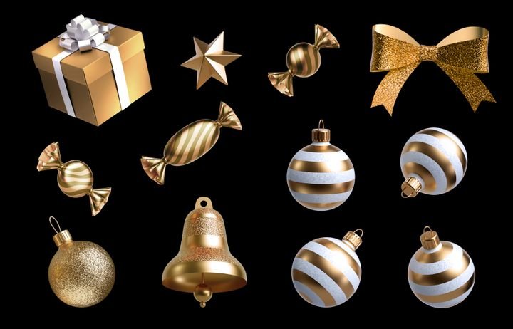 3d render, white and gold Christmas ornaments, gift box, golden bell, sweets and balls. Collection of festive clip art elements isolated on black background