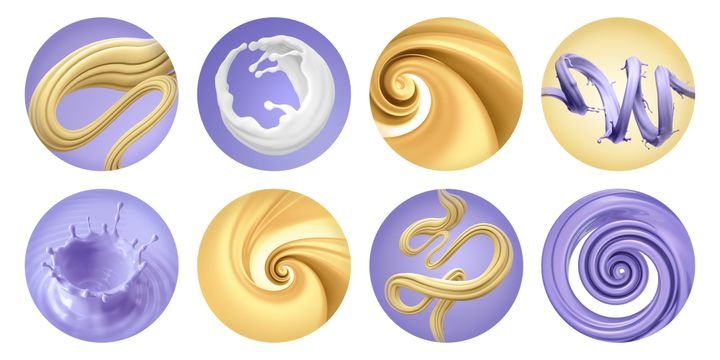 3d render, set of round stickers with sweet candy and dessert. Assorted clip art, isolated on white background. Confectionery labels and tags
