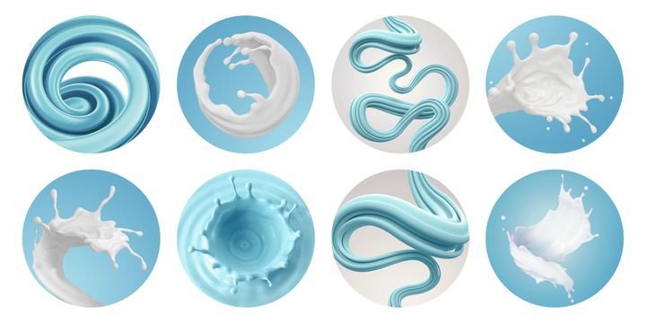 3d render, set of round blue stickers with milk splash and curvy candy cane. Assorted clip art, isolated on white background. Confectionery labels and tags