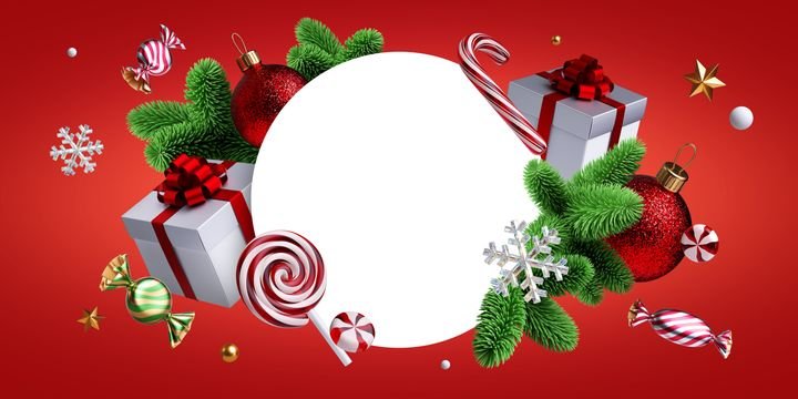 3d render, Christmas background. Blank round frame decorated with festive ornaments, glass balls, candy, wrapped gift boxes and green spruce twigs. Traditional holiday greeting card template