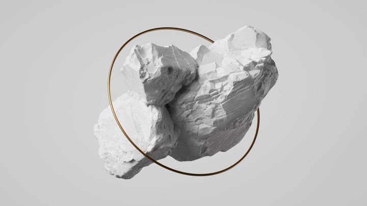 3d render, abstract white background with chalk rock stone and golden ring levitating, aesthetic minimalist wallpaper