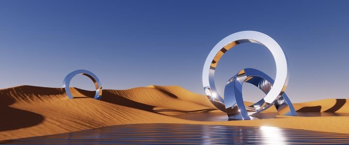 3d render, abstract futuristic background. Desert landscape with sand water and glossy metallic rings under the clear blue sky