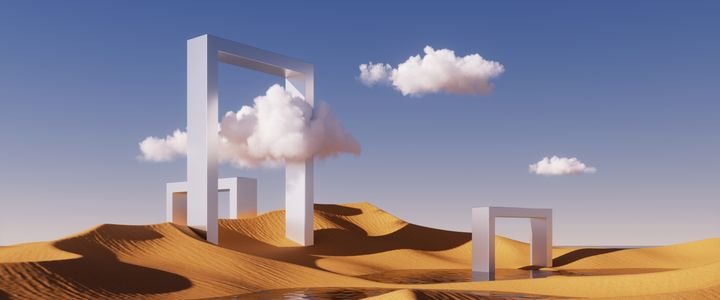 3d render, abstract background. Desert landscape with sand dunes, square arches and white clouds.
