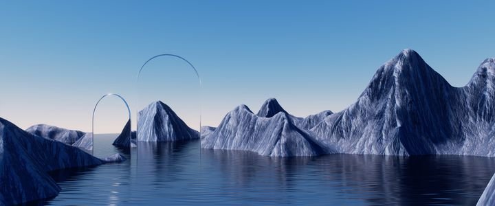 3d render. Abstract surreal seascape background with rocky mountains and mirror arches. Fantastic landscape wallpaper
