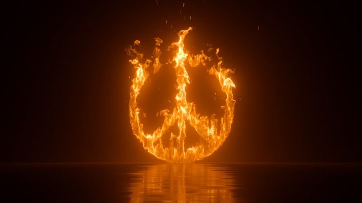 3d render, round peace symbol on fire, blazing pacific emblem, orange flame over black background. War concept